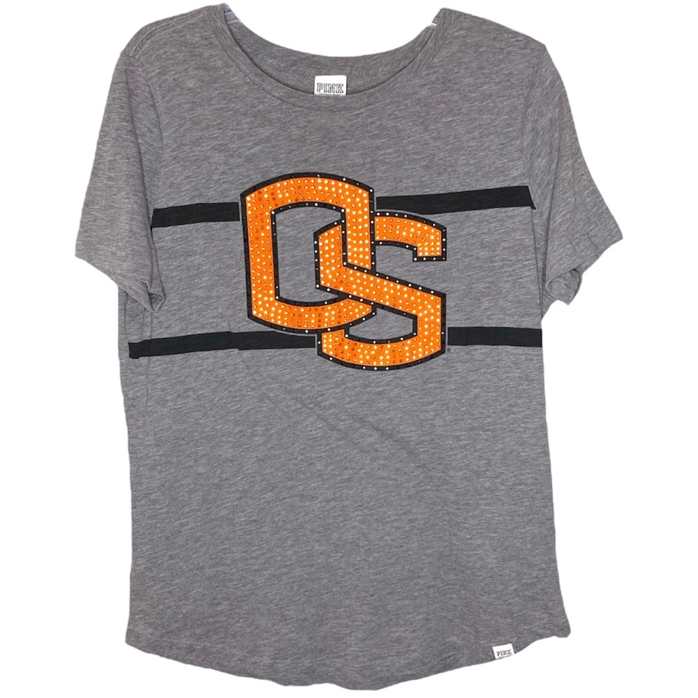 PINK Victoria's Secret Gray Short Sleeve Tee with Orange OS Logo